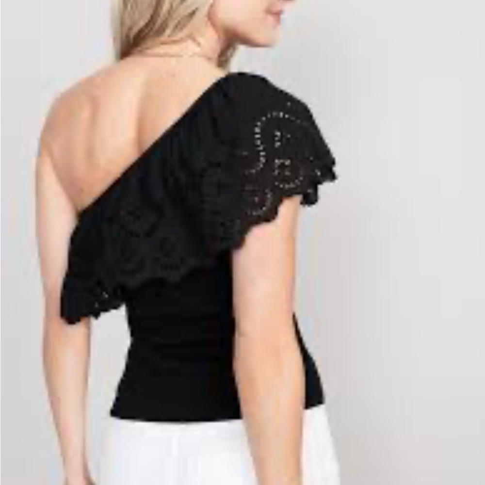 Old Navy Eyelet One Shoulder Paneled Rib-Knit Top in Black EUC
